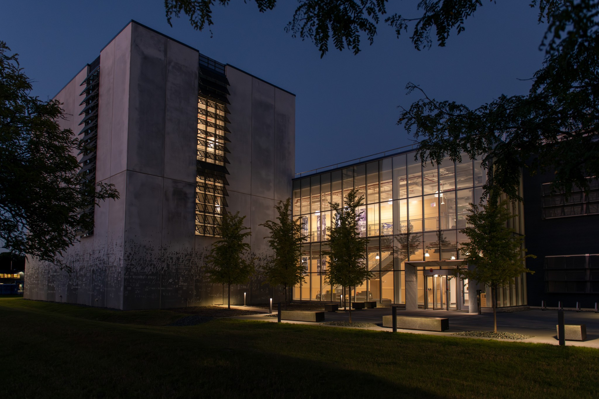 A view of NASA Glenn’s new Aerospace Communications Facility in the evening.