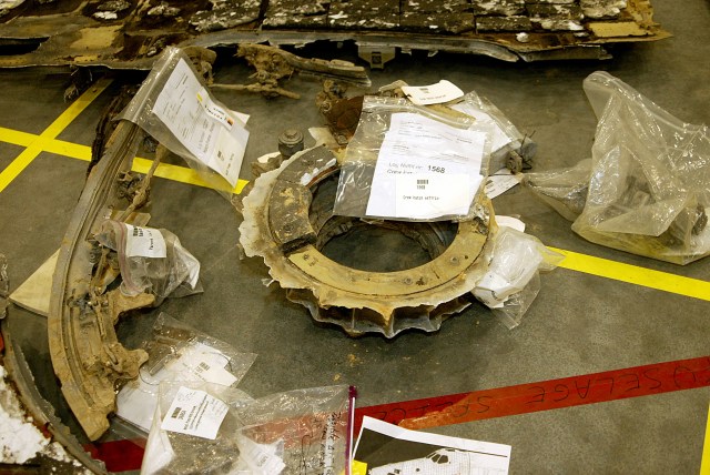 Debris laid on the Columbia reconstruction hangar floor