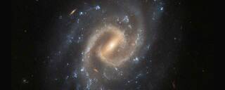 The tranquil spiral galaxy UGC 12295 is almost face-on when viewed from Earth, displaying a bright central bar and tightly wound spiral arms.
