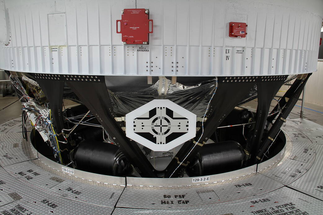 Photo shows a closeup of the ICPS (interim cryogenic propulsion stage) for the SLS rocket. In the middle of the interim cryogenic propulsion stage we see a critical auxiliary target which has been added for NASA’s Artemis II mission.