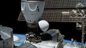 The SpaceX Dragon spacecraft is pictured docked to the space-facing port on the International Space Station's Harmony module. Dragon carried four Axiom Mission 2 astronauts to the orbital laboratory on May 22, 2023.