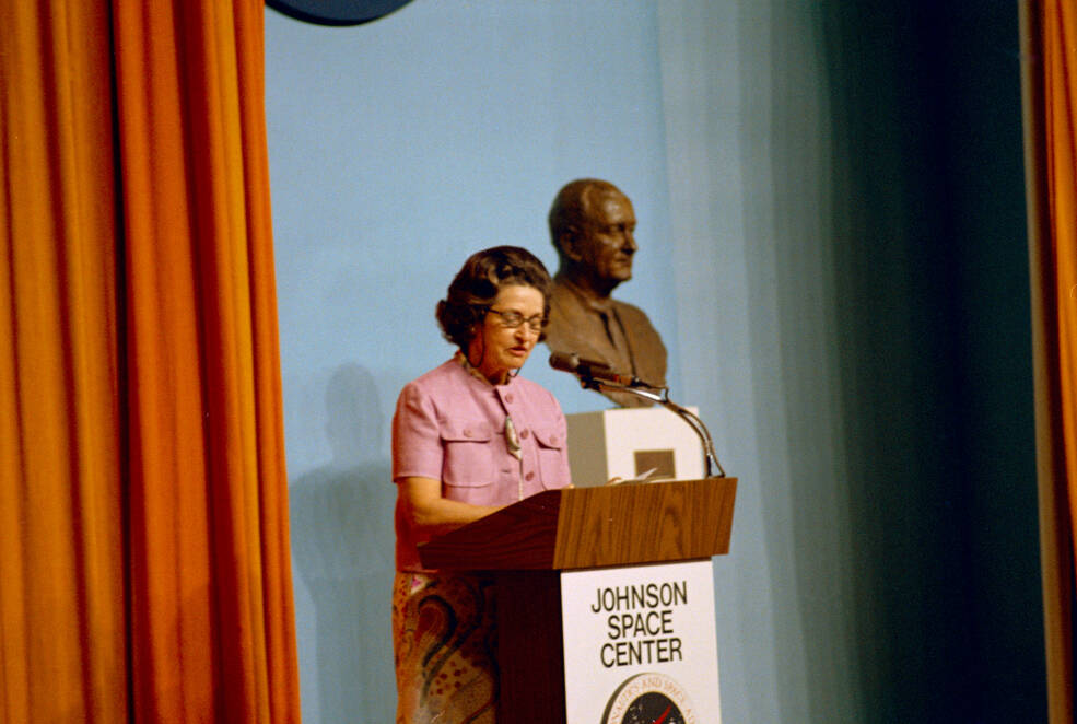 Lady Bird Johnson speaking during dedication ceremony of NASA's JSC