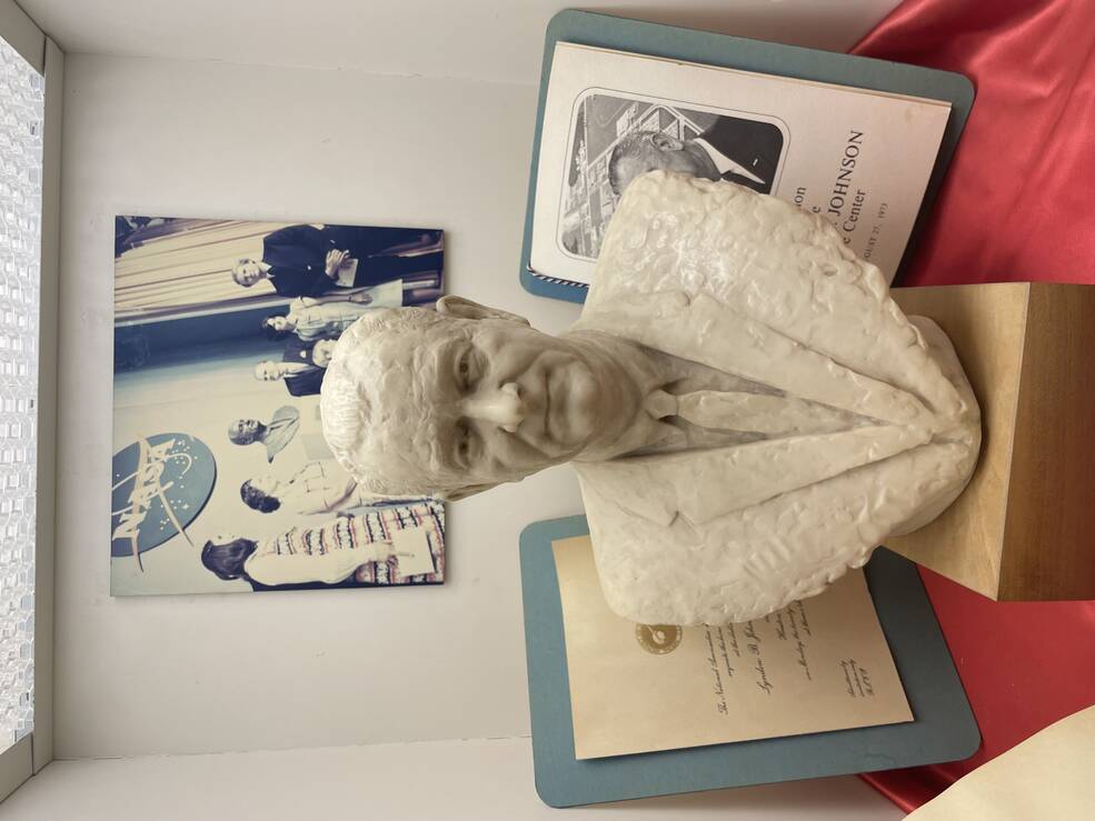 A miniature replica of the bust of President Johnson on display in the LBJ Room