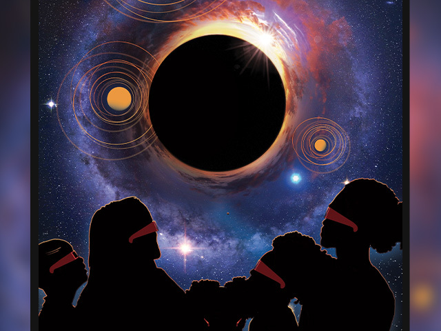 A drawing of people watching the eclipse, wearing eclipse glasses. They are beneath a starry sky, with swirls of purple clouds, and the glow of the Sun peaking from behind the Moon.