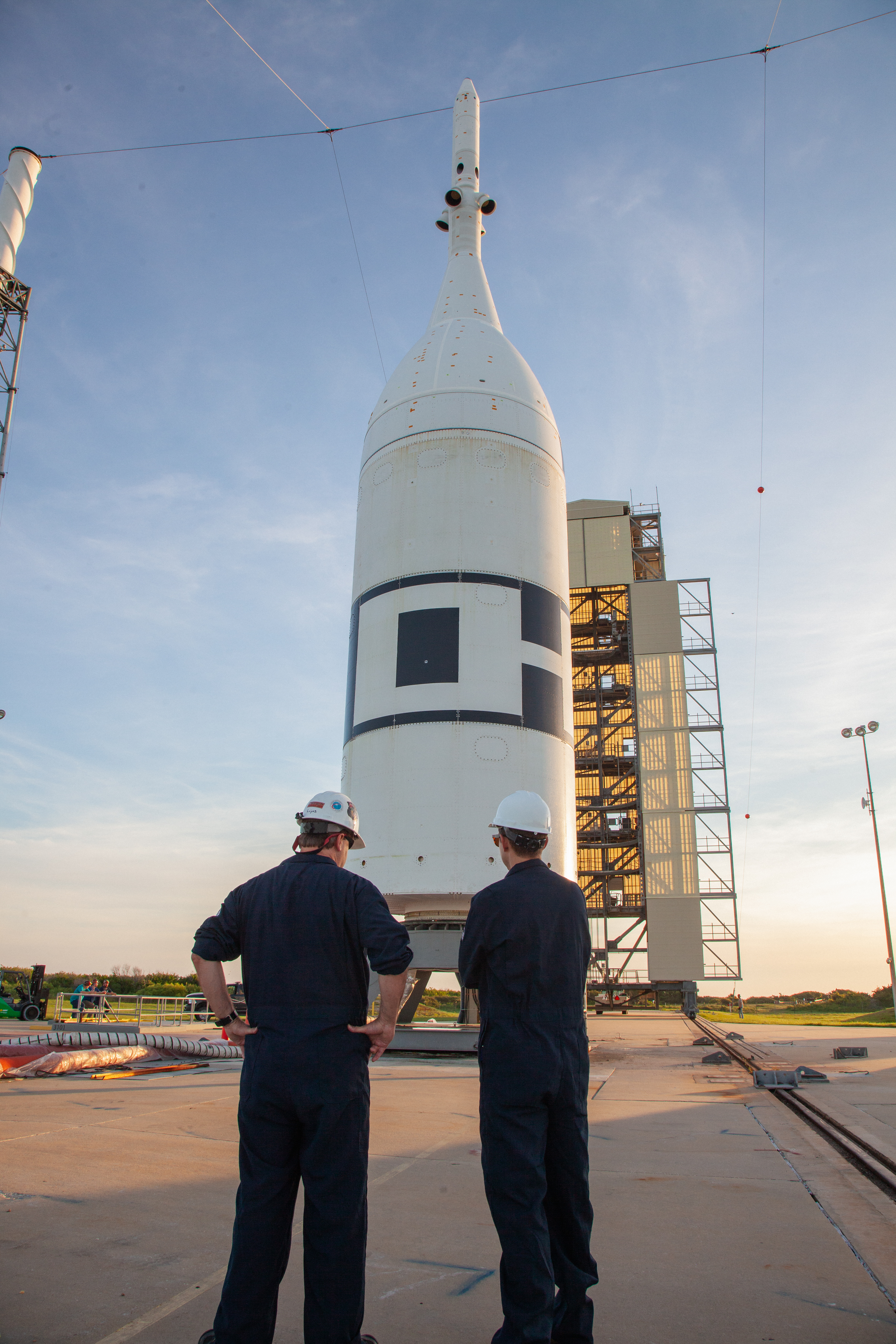 The Ascent Abort-2 test vehicle is secured on the pad at Launch Complex 46 at Cape Canaveral Air Force Station in Florida after rollback of the vertical integration facility on July 1, 2019.
