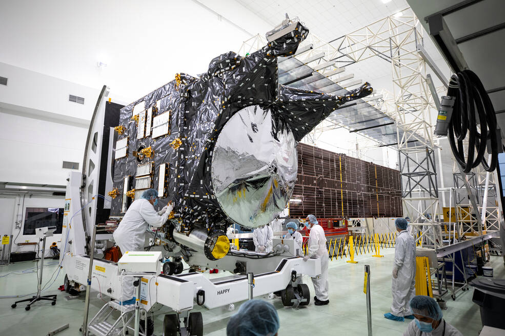 The first of two solar arrays for NASAs Psyche spacecraft has been extended inside the Astrotech Space Operations Facility near the agencys Kennedy Space Center in Florida on July 20, 2023.