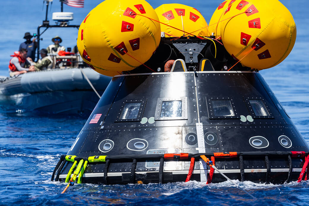The Crew Module Test Article (CMTA) is seen in the waters of the Pacific Ocean during NASA’s Underway Recovery Test 10 (URT-10) on July 26, 2023.