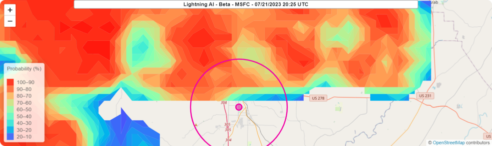 An image from NASA SPoRT's Lightning-AI product at 3:25 p.m. July 21, which indicated a 70% increase in confidence lightning would occur within 5 miles of the Rock the South venue.
