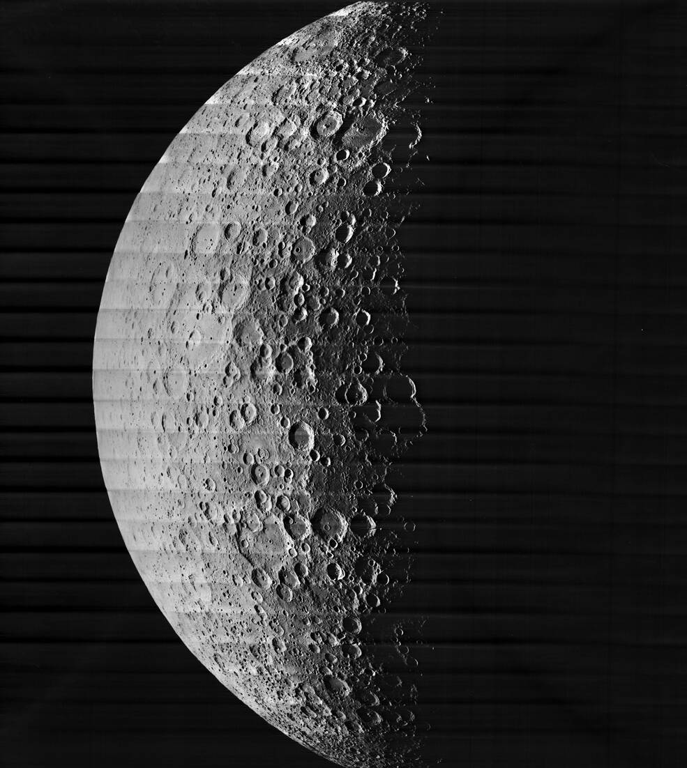 Lunar Orbiter 5’s first image, of the lunar farside