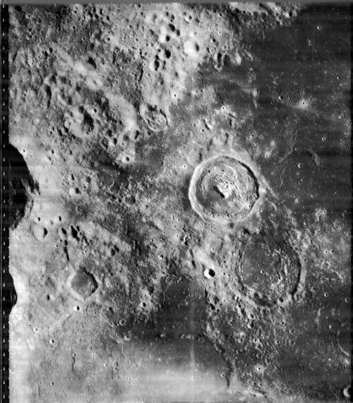 The first medium-resolution image taken by Lunar Orbiter 1 showing the Mare Smythii region of the Moon