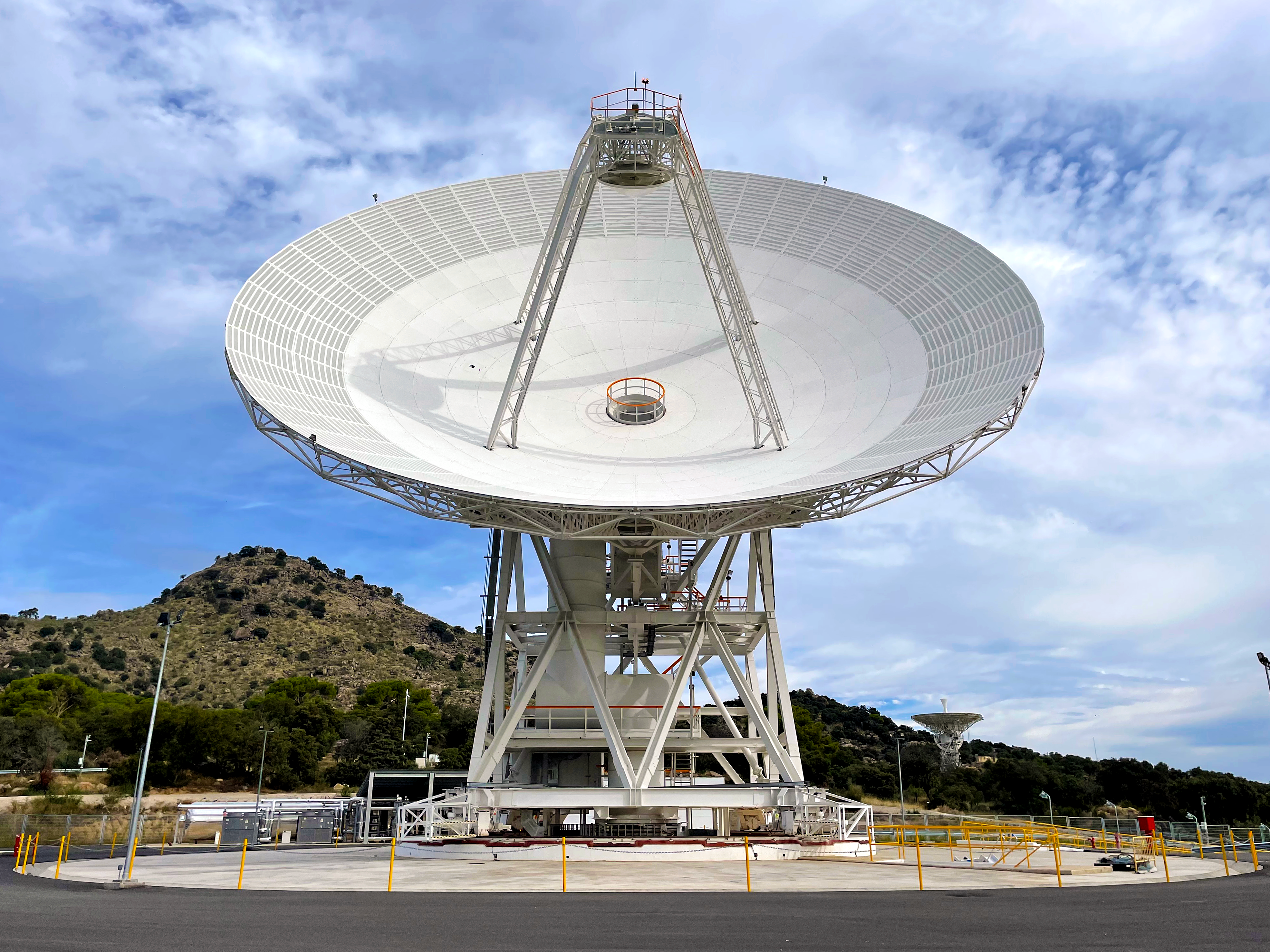A 112-foot-wide antenna at Madrid Deep Space Communications Complex in Madrid, Spain.