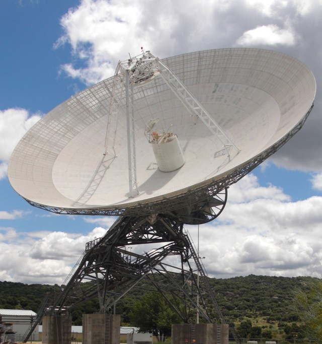 A 112-foot-wide antenna at Madrid Deep Space Communications Complex in Madrid, Spain.