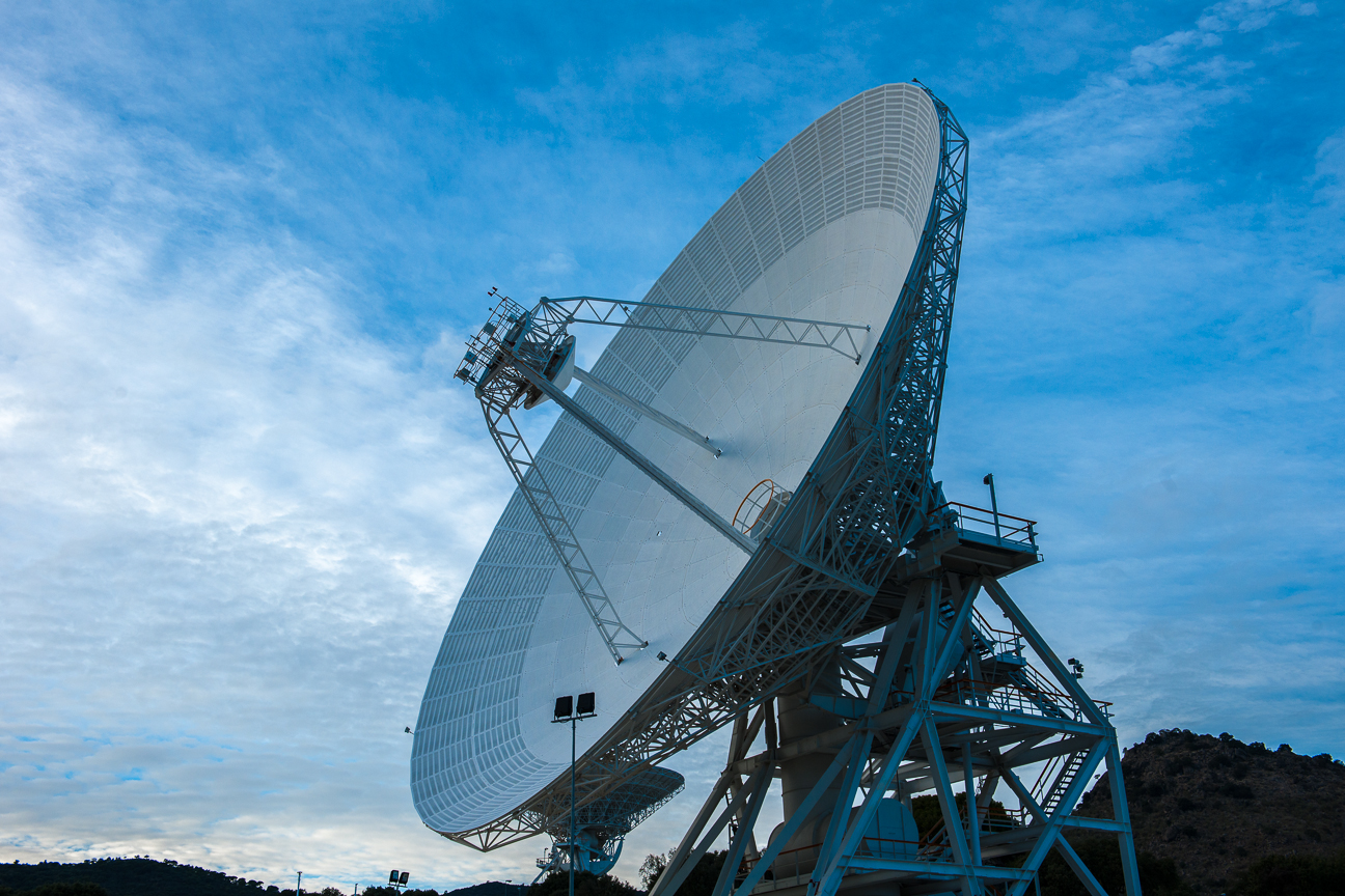 A 112-foot-wide antenna at Madrid Deep Space Communications Complex in Madrid, Spain.