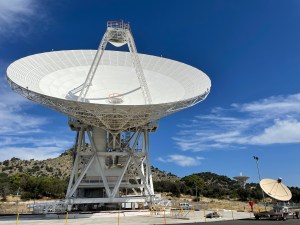 A 112-foot-wide antenna at Madrid Deep Space Communications Complex in Madrid, Spain.