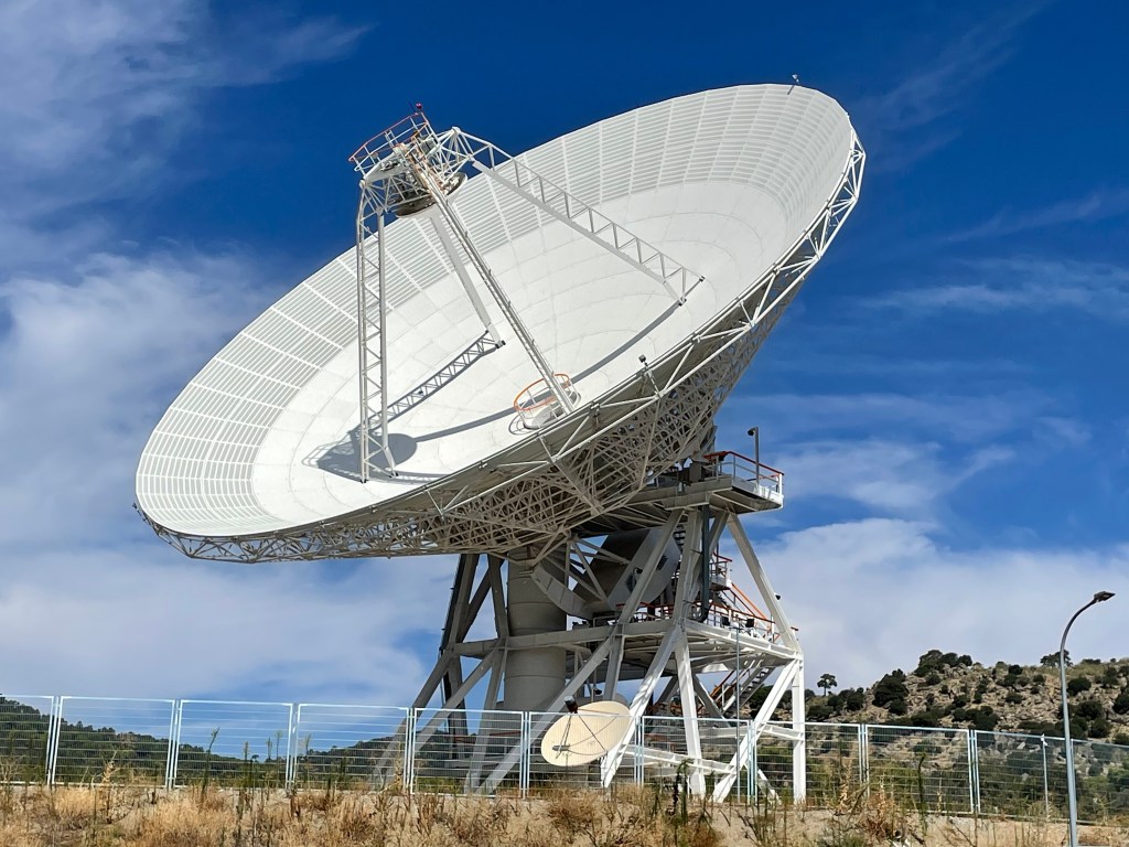 A 112-foot-wide antenna at Madrid Deep Space Communications Complex in Madrid, Spain.