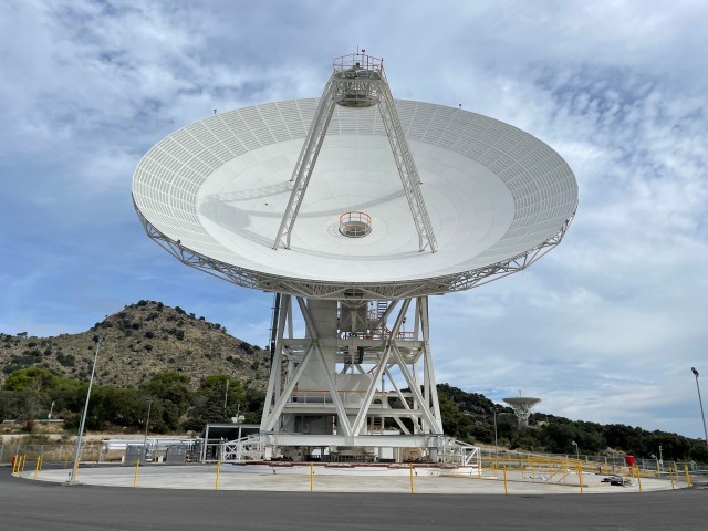 A 112-foot-wide antenna at Madrid Deep Space Communications Complex in Madrid, Spain.