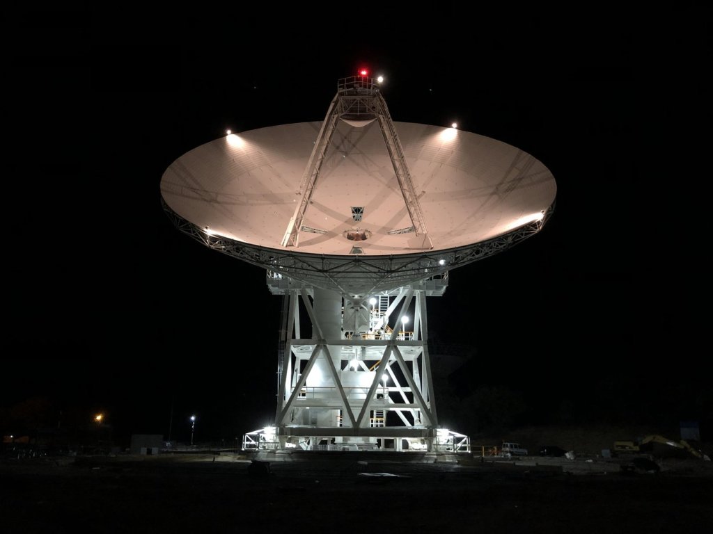 A 112-foot-wide antenna at Madrid Deep Space Communications Complex in Madrid, Spain.