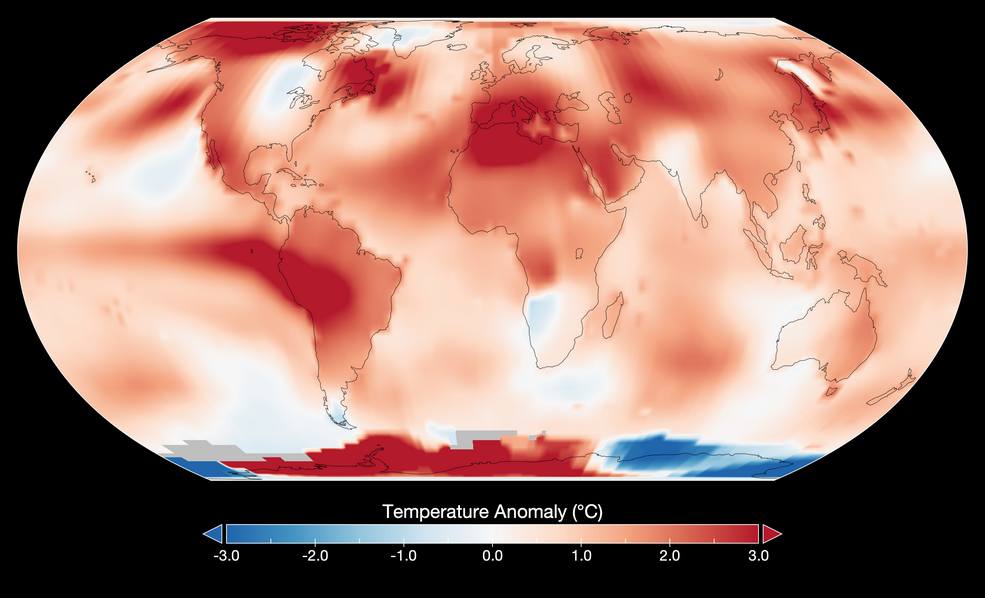 Este mapa muestra las anomalías globales de temperatura para julio de 2023, según el análisis GISTEMP realizado por investigadores del Instituto Goddard de Estudios Espaciales de la NASA. Las anomalí­as de temperatura reflejan la comparación de julio de 2023 con la temperatura media para el mes de julio entre 1951 y 1980. 