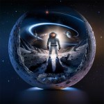 Illustration of astronaut standing on the lunar surface superimposed on the moon itself.