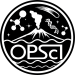 Open Planetary Science Initiative (OPScI) logo in black and white showing a volcano with white smoke coming out, a DNA strand to the right with a comet above it and molecular structures to the left and right of the logo with OPScI below the volcano.