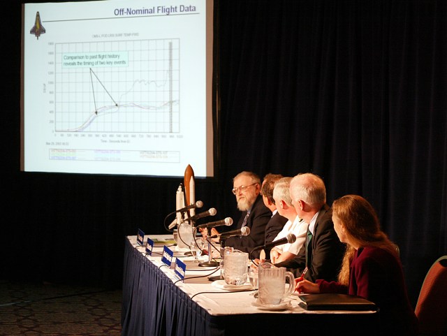 The CAIB members show a slide called Off-Nominal Flight Data during their press briefing