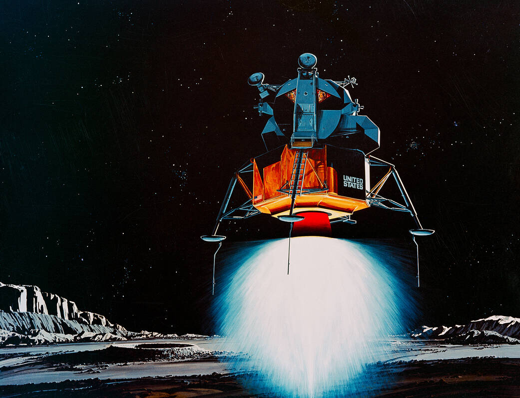 TRW Incorporated's artist concept depicting the Apollo 11 Lunar Module (LM) descending to the surface of the moon.