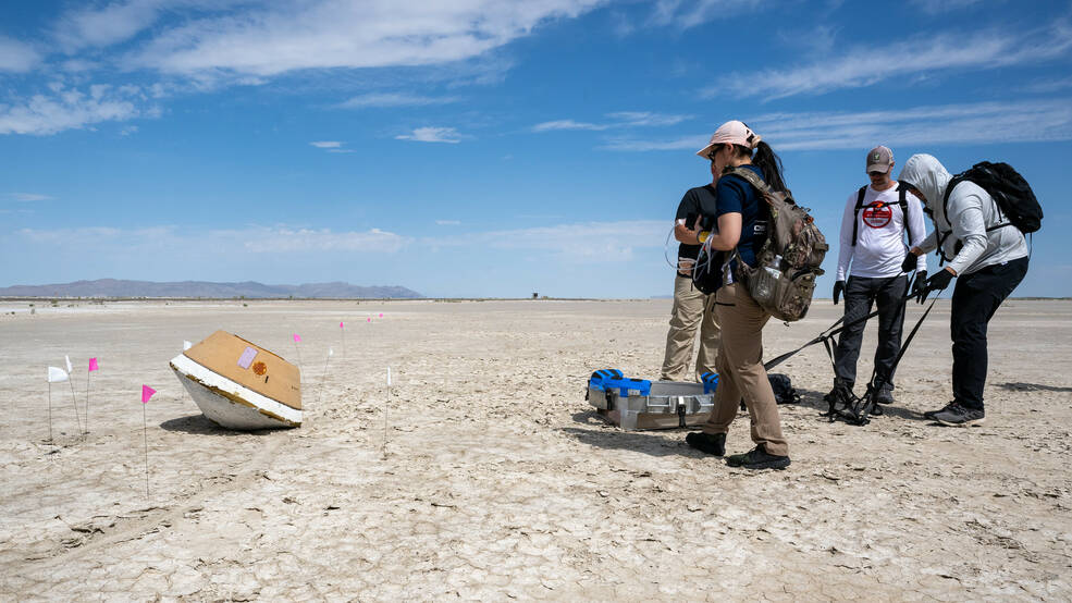 Recovery teams participate in field rehearsals in preparation for the retrieval of the sample return capsule from NASA's OSIRIS-REx mission, Tuesday, July 18, 2023, at the Department of Defense's Utah Test and Training Range.