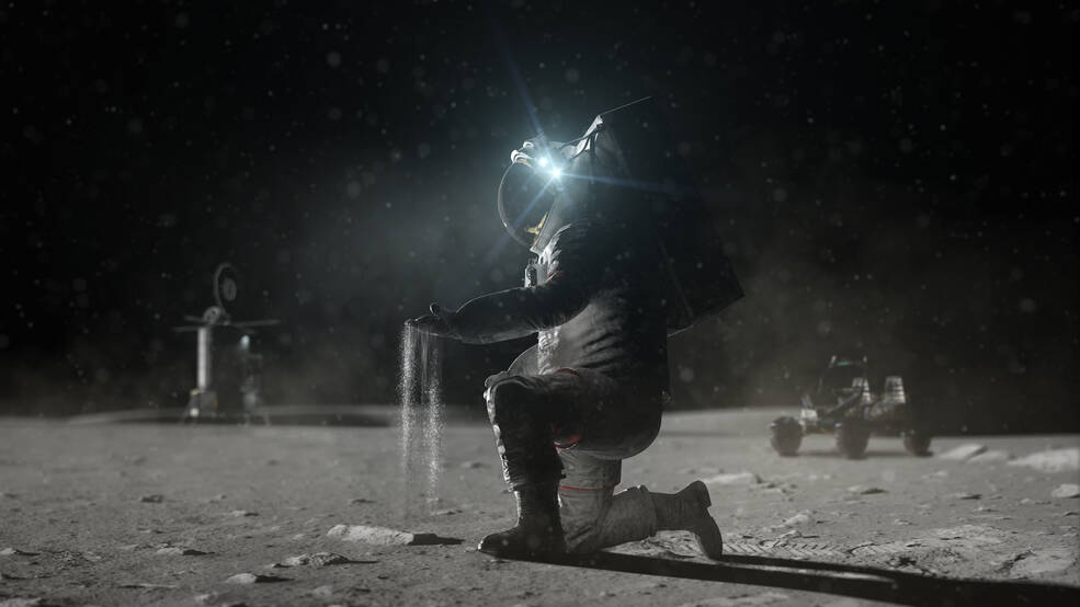 An astronaut kneels on the Moon's surface while dust runs between their fingers