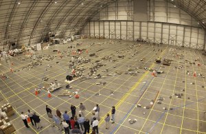 Overhead image of STS-107 debris layout in a hangar