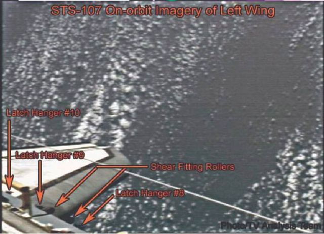 Annotated photo of Columbia's left wing as seen during the STS-107 mission