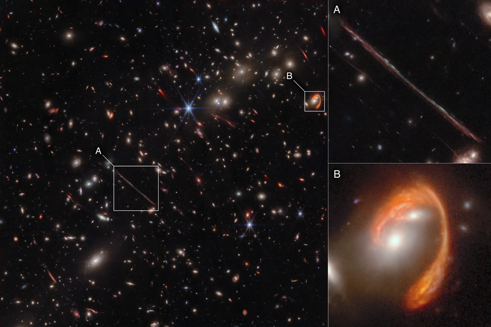 On left, a field of small galaxies on a black background. A long, thin line is outlined with a white box and labeled A; a red swoosh nearly encircling two galaxies is also boxed and labeled B. On right, zoomed-in views of the two regions in the boxes.