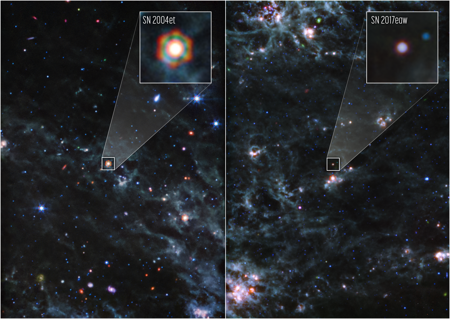 Side-by-side images of two supernovae in space. Callout boxes highlight the two supernovae in greater detail. The one on the left appears as a white dot with a hexagonal, rainbow halo. The second is a light purple dot.