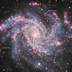 An image of a bright spiral galaxy, which looks like a spiraling swirl of red, pink, white, and pale blue clouds and dots around a white glowing center. Two small white circles highlight supernovae.