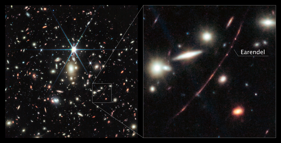 The image is split vertically. On left, a black background scattered with hundreds of multi-color small galaxies. On right, a zoomed-in portion showing a particularly long, red, thin line. Among the bright dots along this line, one is labeled Earendel.