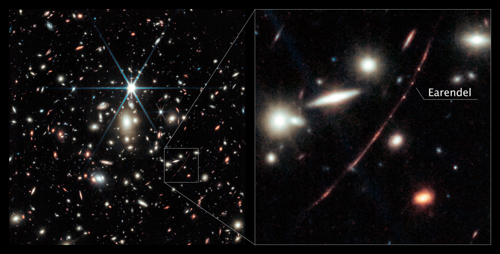 The image is split vertically. On left, a black background scattered with hundreds of multi-color small galaxies. On right, a zoomed-in portion showing a particularly long, red, thin line. Among the bright dots along this line, one is labeled Earendel.