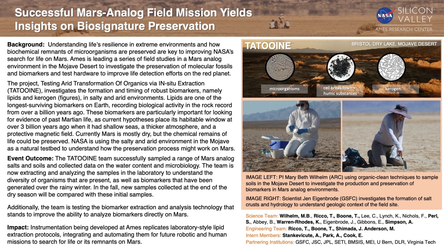 An image of a science nugget article that summarizes the scientific findings of the Successful Mars-Analog Field Mission Yields Insights on Biosignature Preservation.