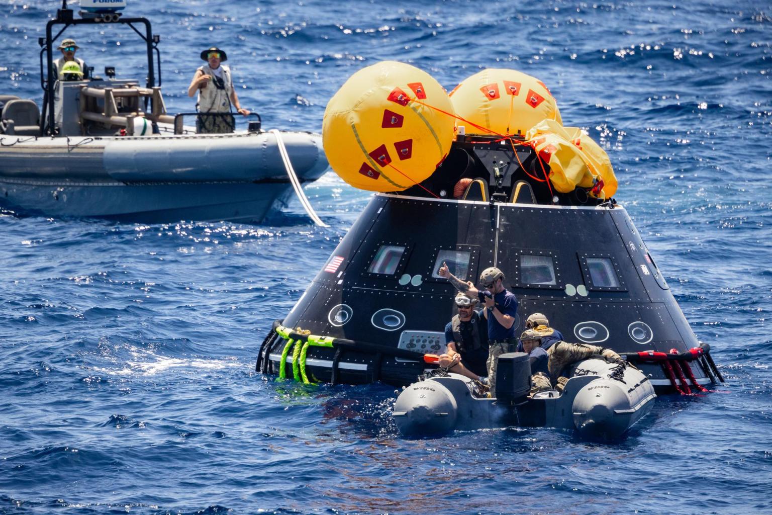 NASA, Navy, and Air Force personnel practice Artemis recovery procedures in the Pacific Ocean as part of Underway Recovery Test-10 off the coast of San Diego.