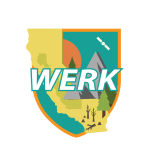 A logo shaped lie a shield, with the outline of California in yellow across the front. There are also gray mountains, green trees, and brown logs, all done in a cartoon style, and the whole design is bordered in orange. Across the front is the word WERK in white text with a teal border.