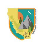 A logo shaped lie a shield, with the outline of California in yellow across the front. There are also gray mountains, green trees, and brown logs, all done in a cartoon style, and the whole design is bordered in orange.