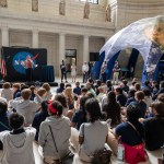 Earth Science Division Deputy Director Julie Robinson speaks with local students during an Earth Day event, Thursday, April 20, 2023, at Union Station in Washington.