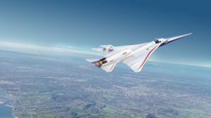 Aeronautics–Artist illustration of the X-59 in flight over land.