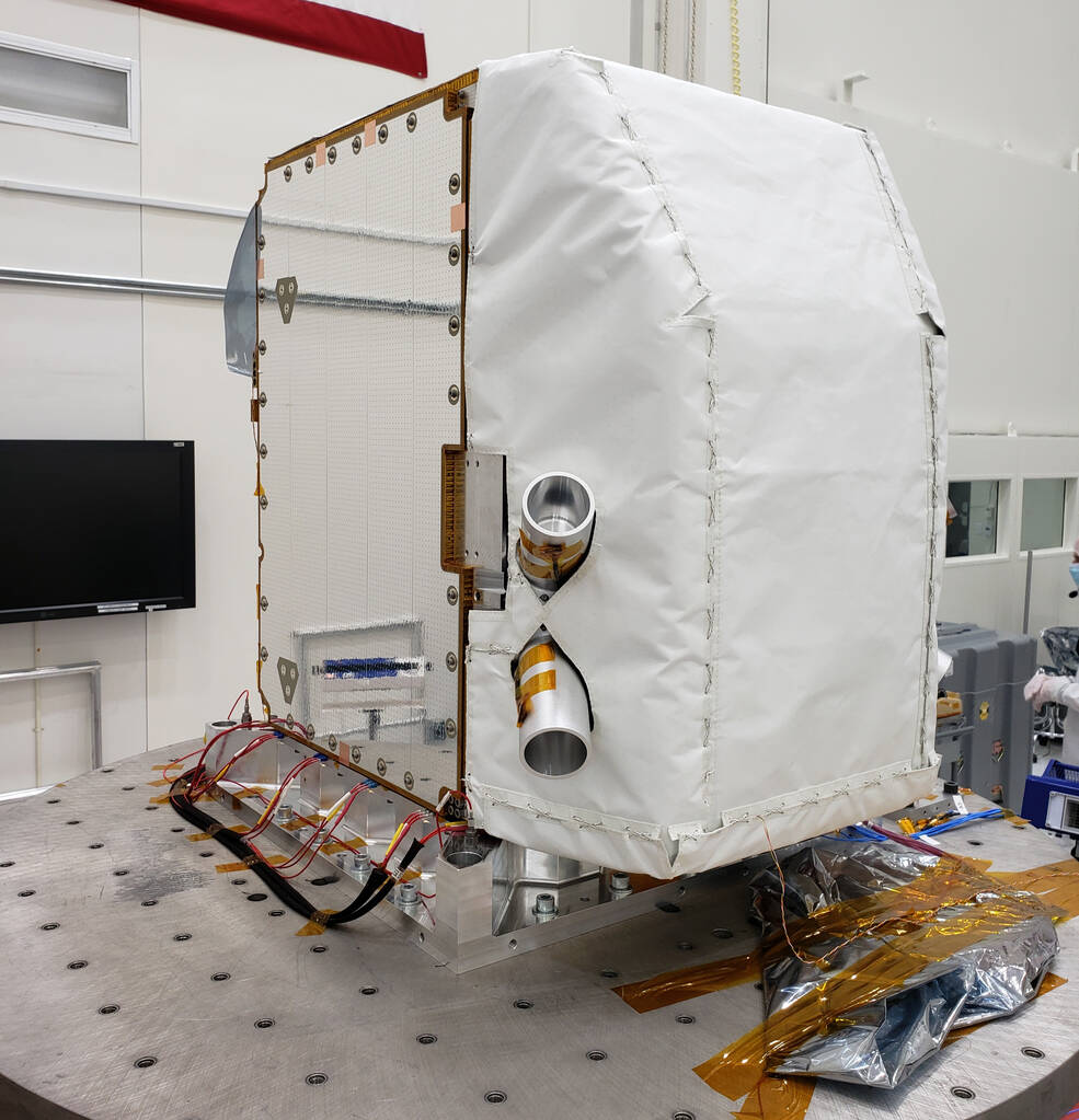 The imaging spectrometer, which will measure the greenhouse gases methane and carbon dioxide, sits at NASAs Jet Propulsion Laboratory in August.