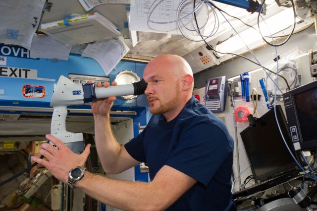 ESA astronaut Alexander Gerst uses the fundoscope during an exam for the Ocular Health study to characterize the risk of SANS to crew members assigned to six-month flights. The data collected mirrored Medical Requirements Integration Document (MRID) requirements and testing performed during annual medical exams, with a focus on monitoring in-flight visual changes and post-flight recovery.