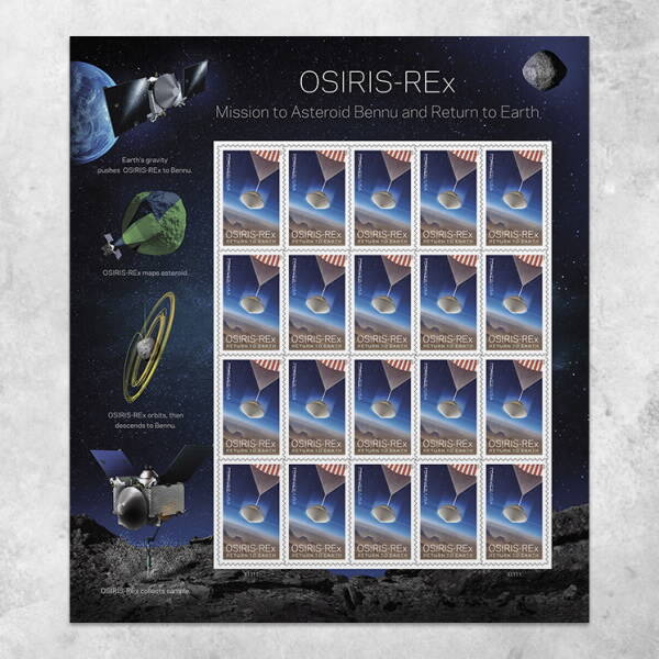 Sheet of 20 stamps that show a desert landscape with the OSIRIS-REx sample return capsule attached to a red and white parachute descending. The sheet has the text "OSIRIS-REx Mission to Asteroid and Bennu and Return to Earth."