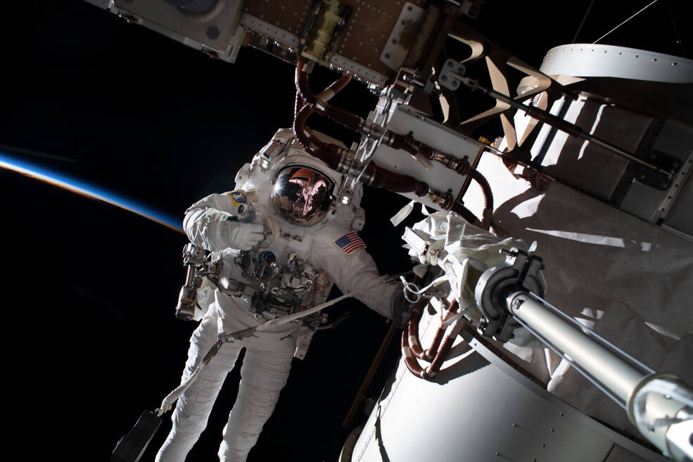 This image shows Frank Rubio conducting an extra-vehicular activity or EVA outside the International Space Station.