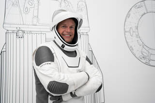 European Space Agency astronaut and SpaceX Crew-7 Pilot Andreas Mogensen is pictured in his pressure suit during a crew equipment integration test at SpaceX headquarters in Hawthorne, California. 