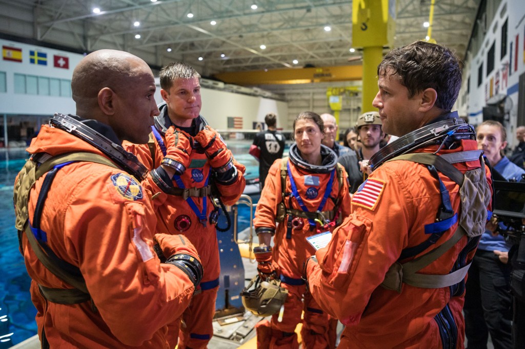 The Artemis II crew is pictured during training Jan. 23 in the Neutral Buoyancy Lab at the agency’s Johnson Space Center in Houston. As part of training for their mission around the Moon next year, the first crewed flight under NASA’s Artemis campaign, the crew practiced the recovery procedures they will use when the splash down in the Pacific Ocean.
