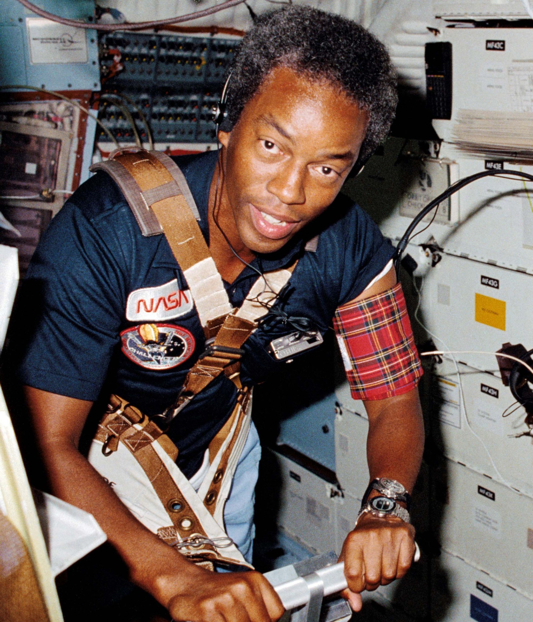 NASA astronaut Guy Bluford, the first African-American in space, uses a treadmill exercising device for a medical test during the STS-8 space shuttle mission in 1983.