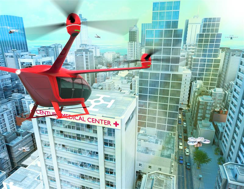 This concept graphic shows how a future AAM vehicle could aid in healthcare by carrying passengers to a hospital.