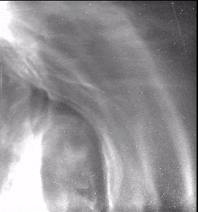 In black and white, a cloud from a CME pushes the bright speckles of dust out of the way, leaving a screen of near darkness.